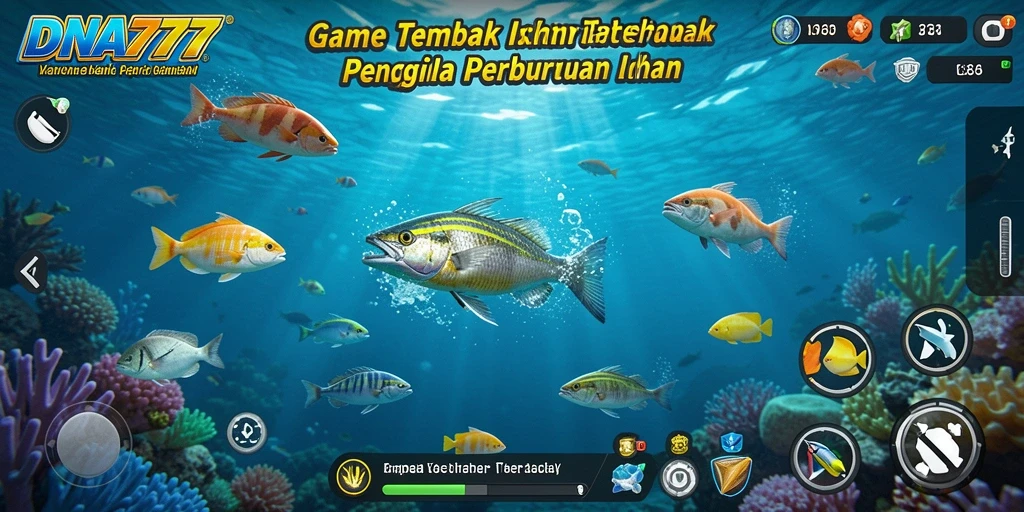 Screenshot gameplay DNA777 menampilkan aksi berburu ikan yang mendebarkan.
