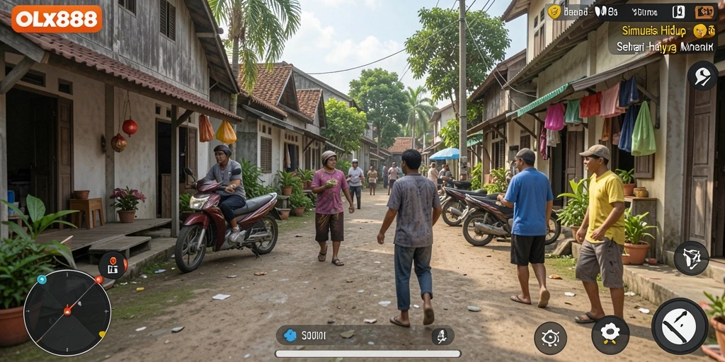 Screenshot OLX888 menampilkan interaksi karakter dalam gameplay Simulation.